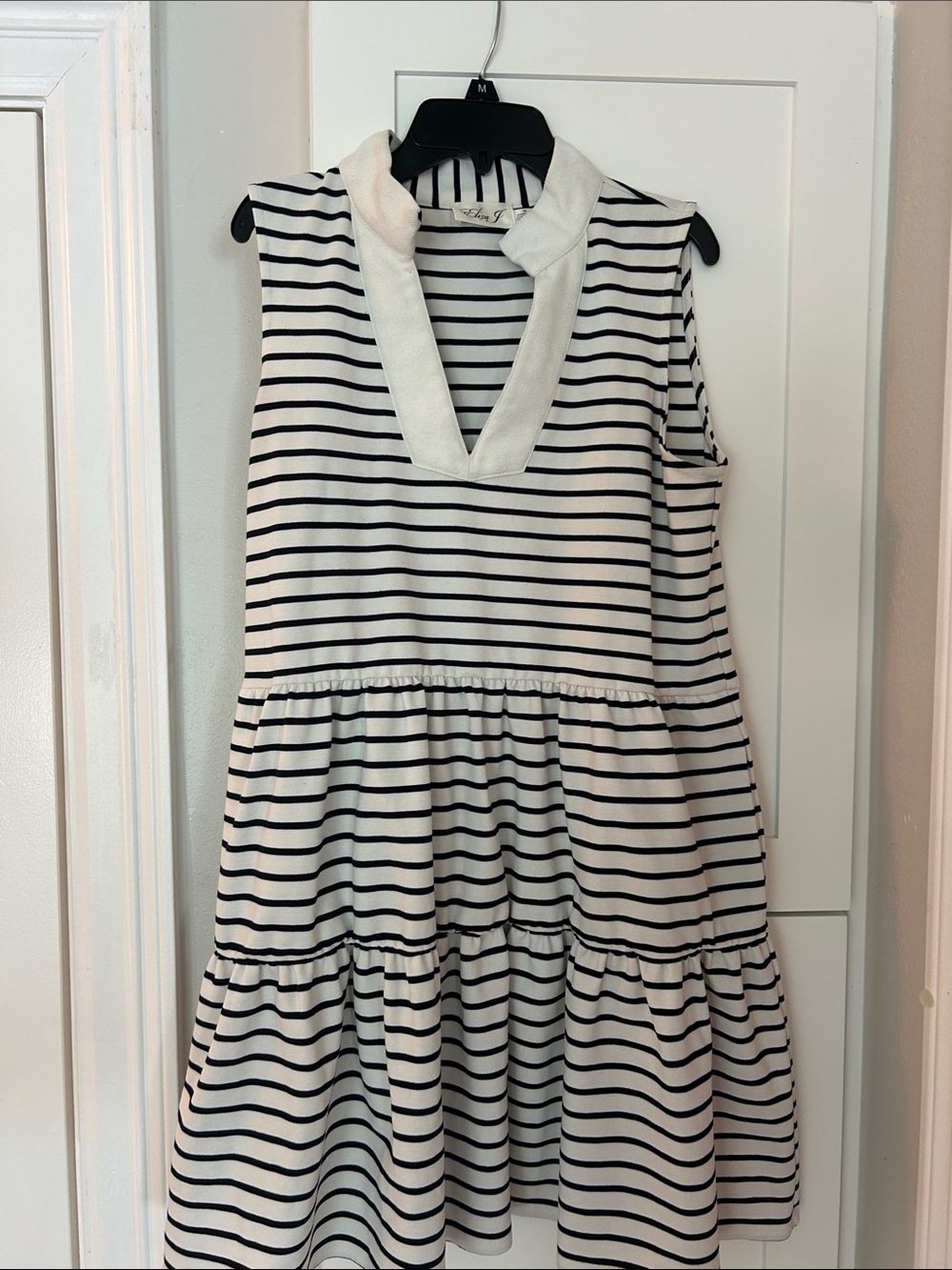 Eliza J Black and White Striped V-Neck Tiered Mini Dress